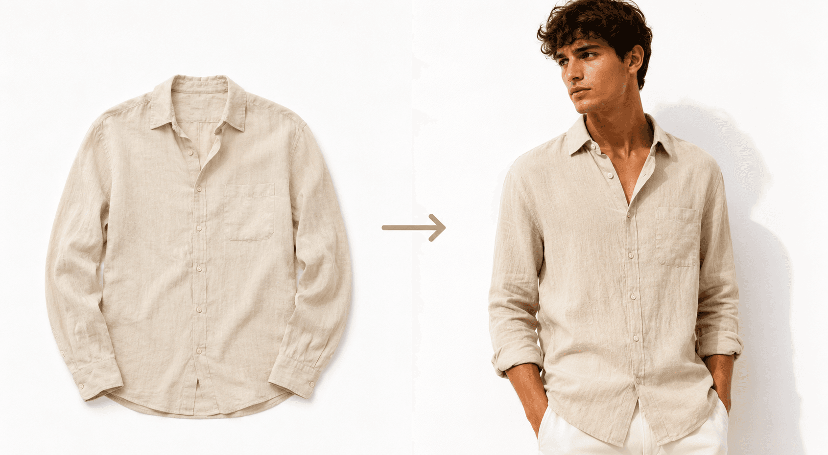 Before and after — flat product photo to AI model photo — Studiofy