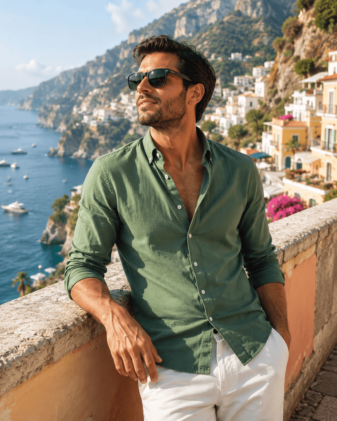 AI fashion model — green linen shirt editorial