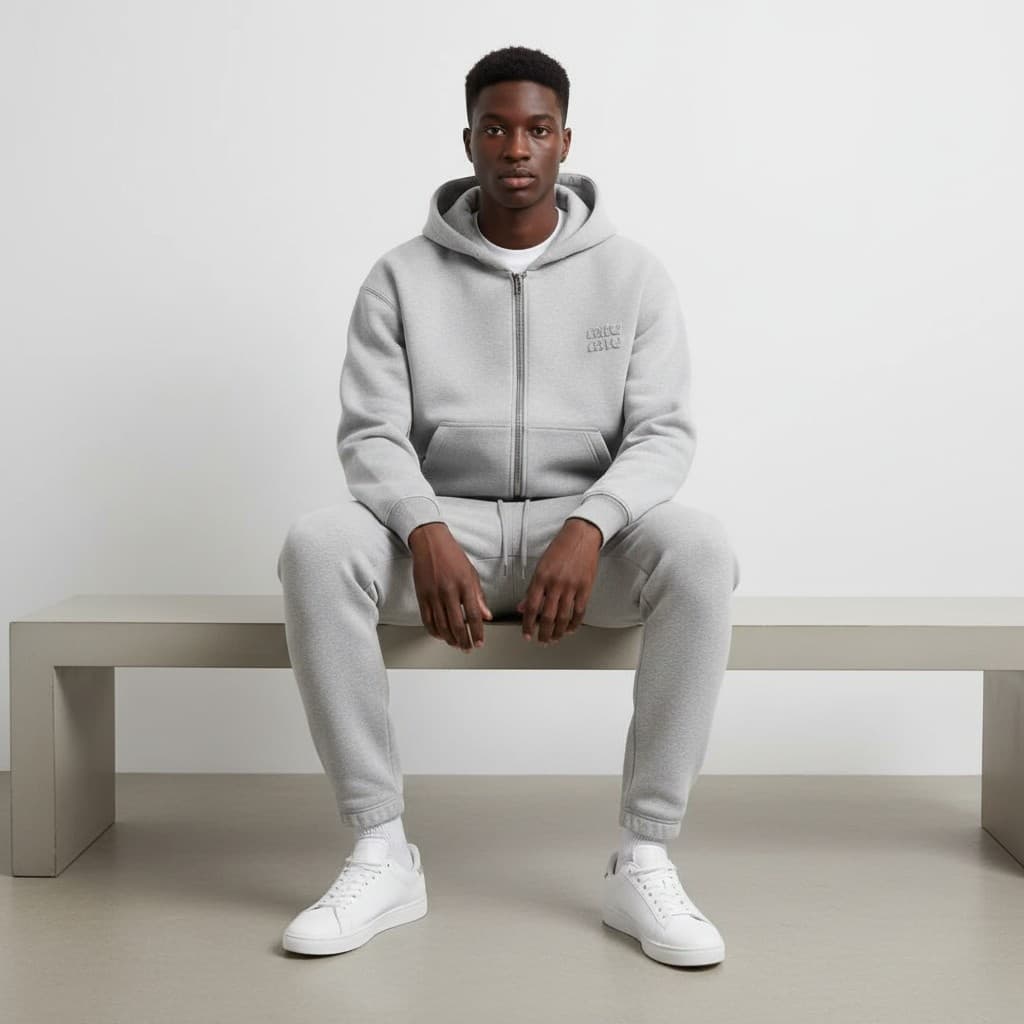 AI fashion model — grey hoodie minimal